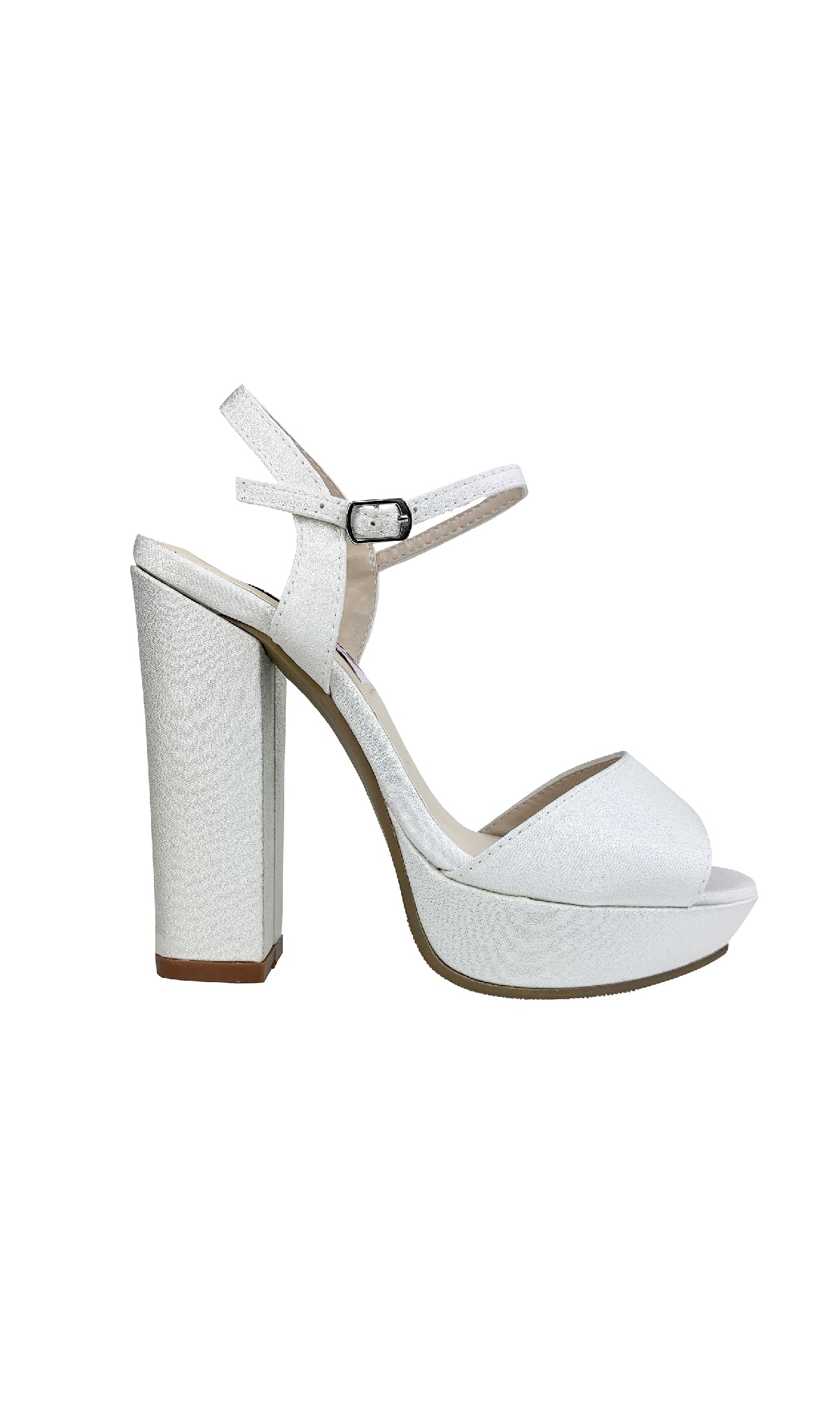 The Whitta White Crepe Prom Shoes: Dyeables 4350 are stylish white high-heeled platform sandals with an ankle strap, open toe, block heels, and secure buckle—an elegant choice for any prom.